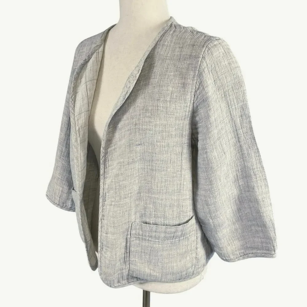 Eileen Fisher Open Front Gray 3/4 Sleeve Linen Cotton Jacket Size Petite Small